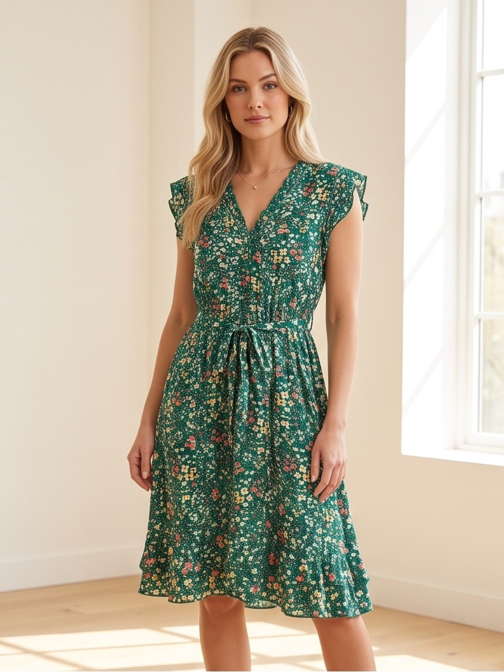 NWT - Apricot Green Floral Midi Dress Size S Ruffle Sleeve Belted
